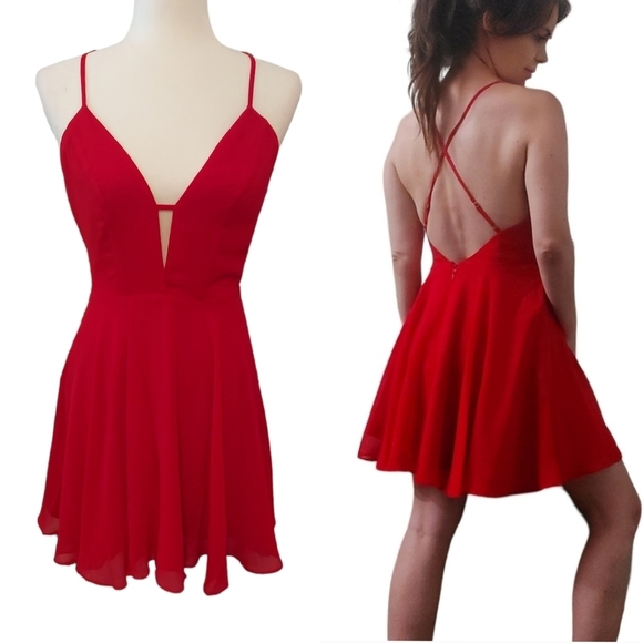 Bebe NEW Cross Back Chiffon Skater Dress Red Size 4 - Picture 1 of 17